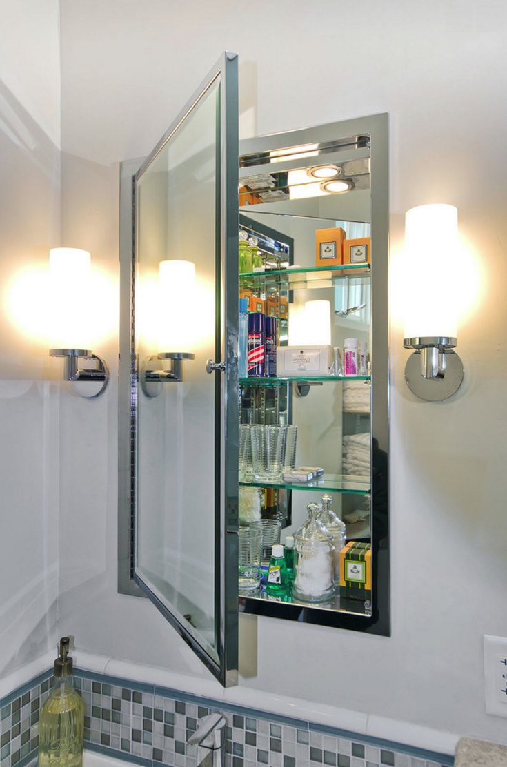 Mirrored medicine cabinet with glass shelving