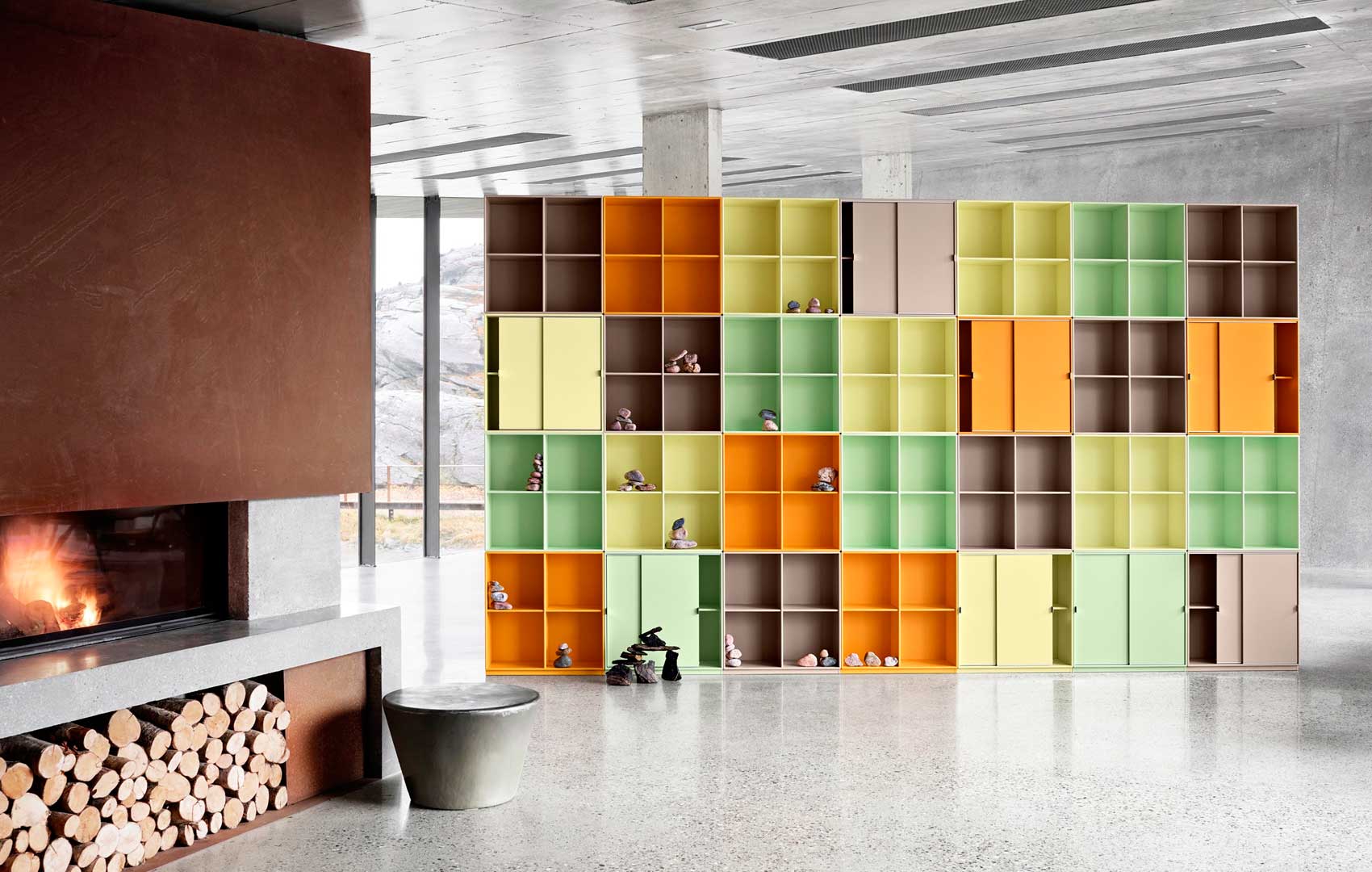 colorful stacked modular shelving system