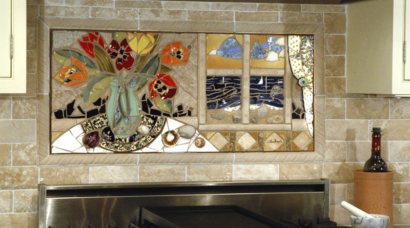 Mosaic image built into tiled backsplash