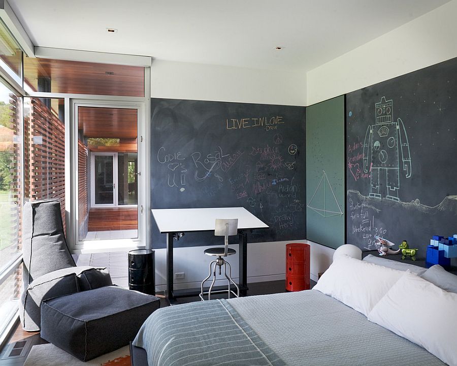 Multiple chalkboard walls for the open bedroom [Design: Hufft Projects]