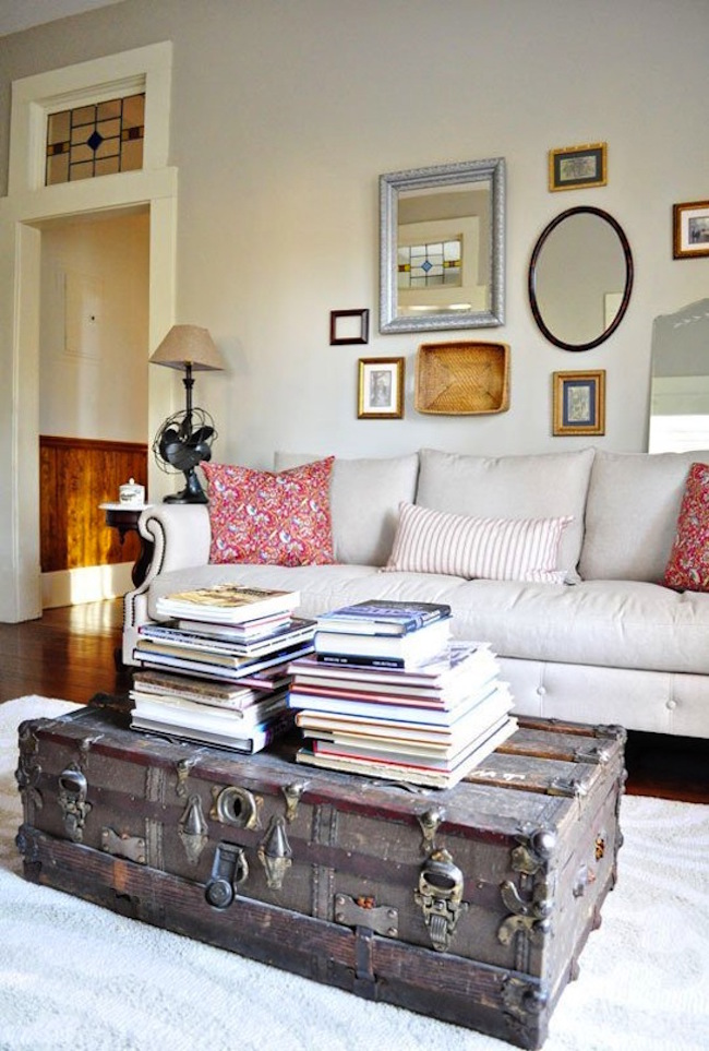 Old trunk coffee table brings some rustic charm to a living room