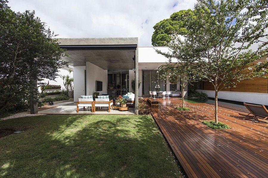 Outdoor lounge and dining space sheltered from the heat