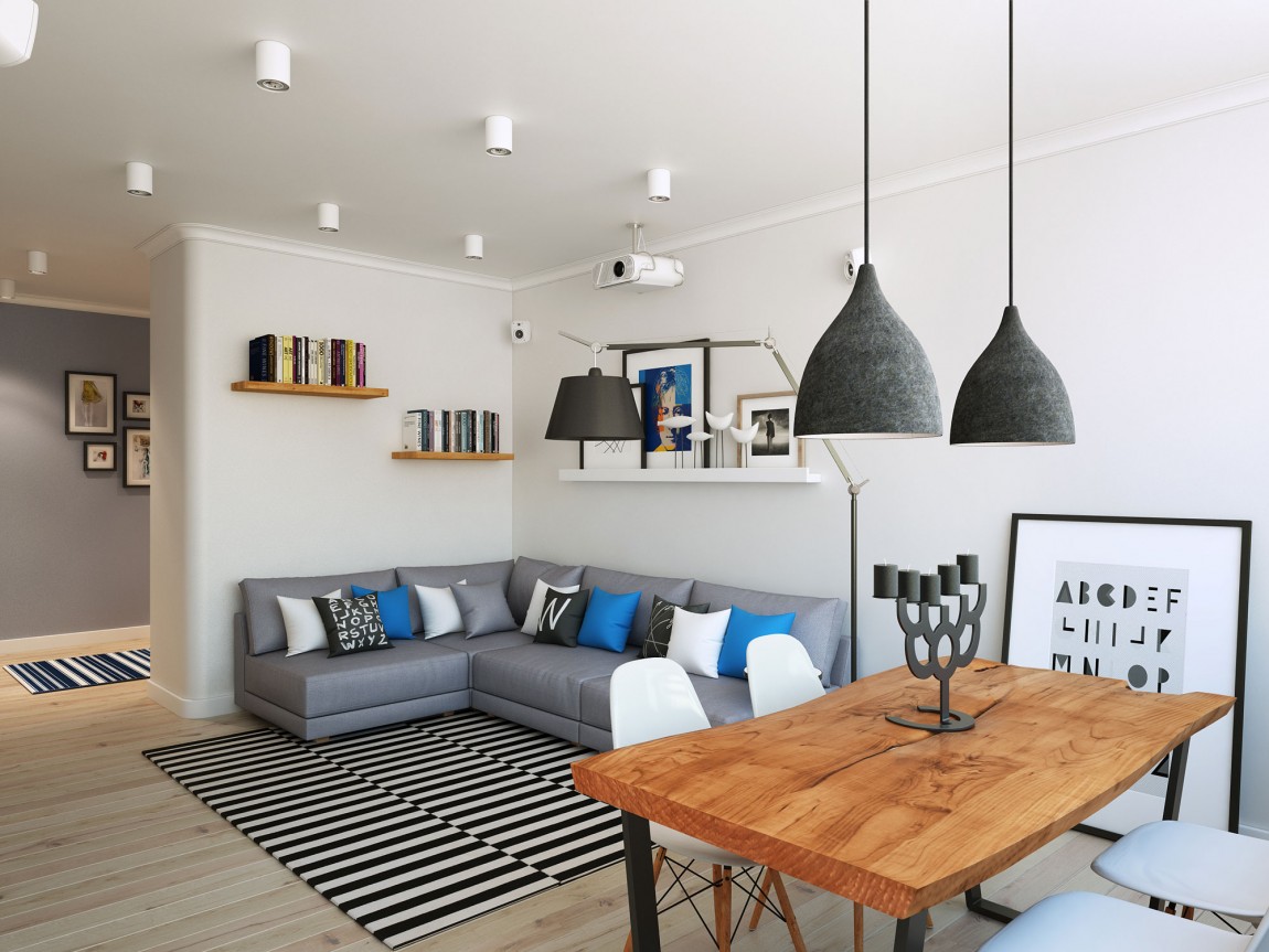 Oversized floor lamp and pendant lights in gray play into the color scheme of the Scandinavian living room