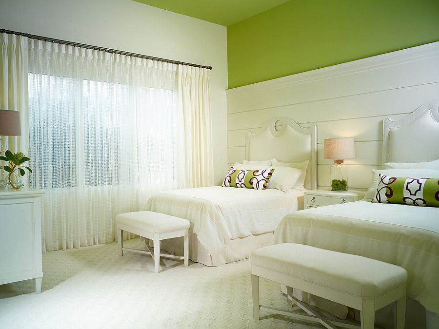 Painted green ceiling is perfect for the gorgeous tropical bedroom