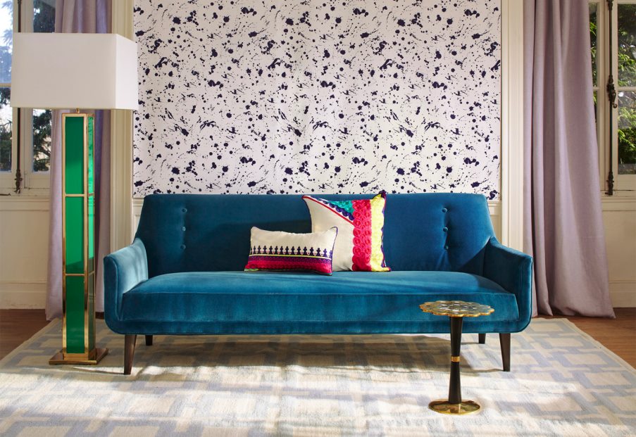 Peacock blue sofa from Jonathan Adler