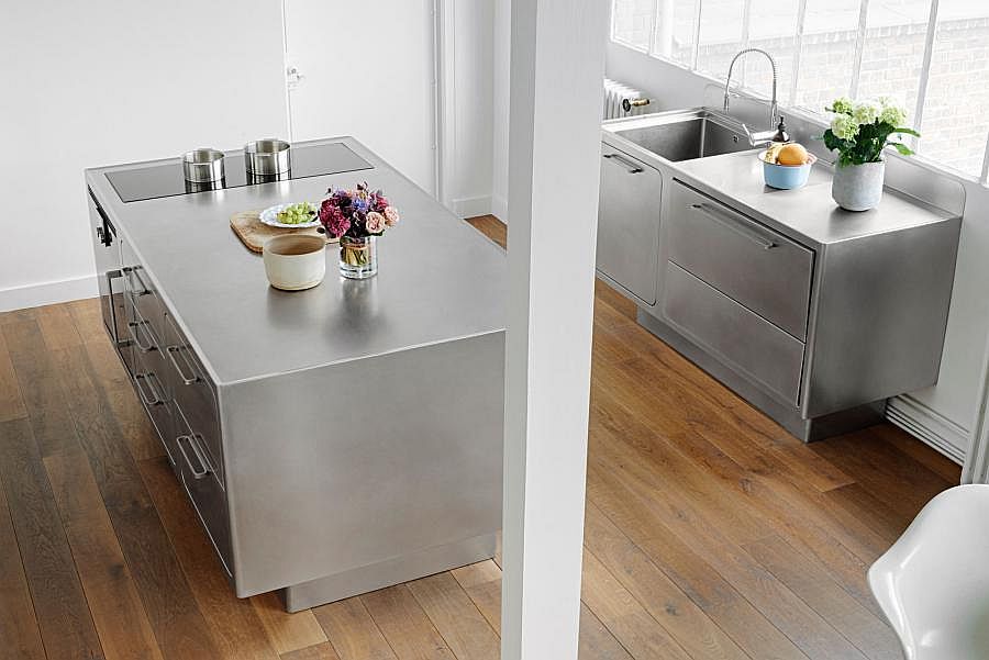 Posh stainless steel kitchen island and worktop with smart functionality
