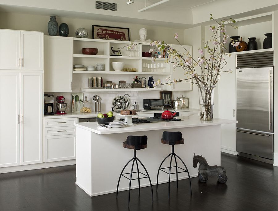 Practical kitchen wall with open shelves, closed cabinets and a spice rack [Design: Thom Filicia]