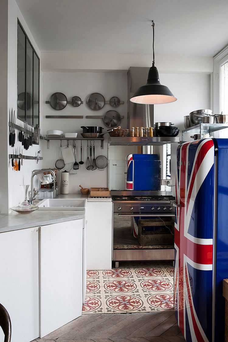 Refrigerator with painted Union Jack is the showstopper in this kitchen [From: Chiara Cadeddu Photographer]