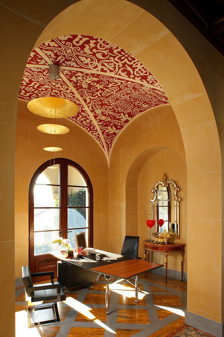 Rice paper wall covering and handmade stencil ceiling for the unique home office