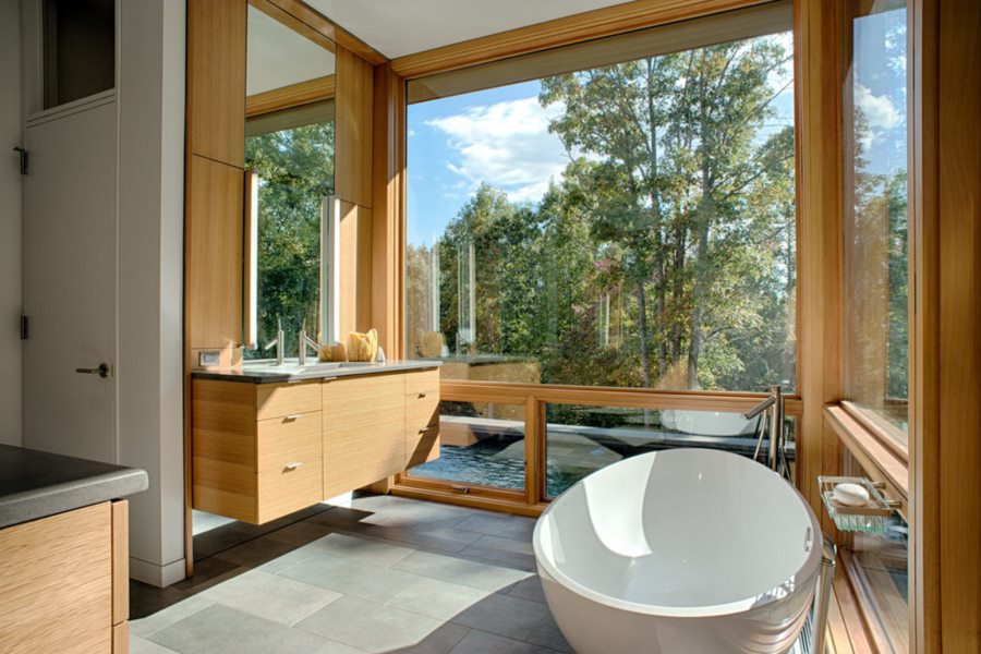 Round tub in a bathroom with a view