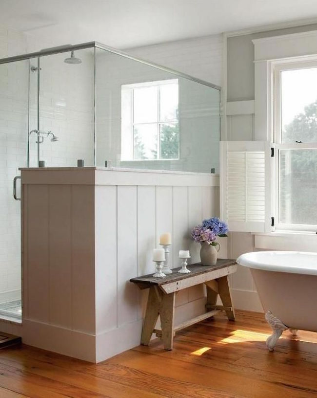 Rustic wooden bench in farmhouse bathroom