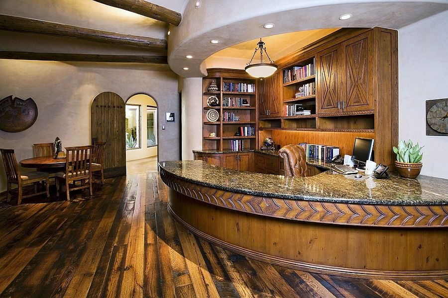 Sensational home office with custom curved desk and ceiling design