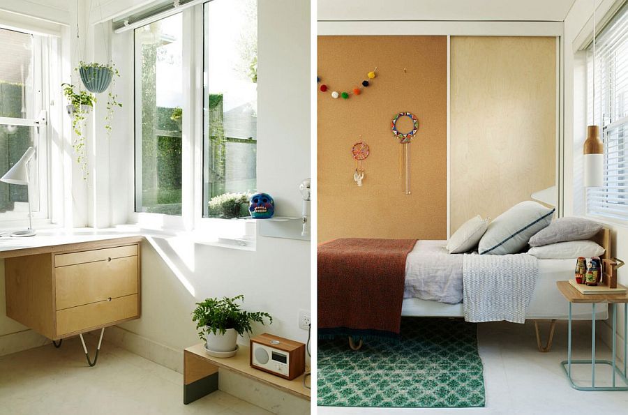 Sliding wooden doors for the shelves in the kids' bedroom