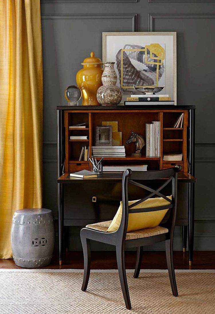 Small home office design in gray and yellow