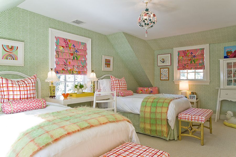 Snazzy teen bedroom with wallpaper on the walls and pops of pink