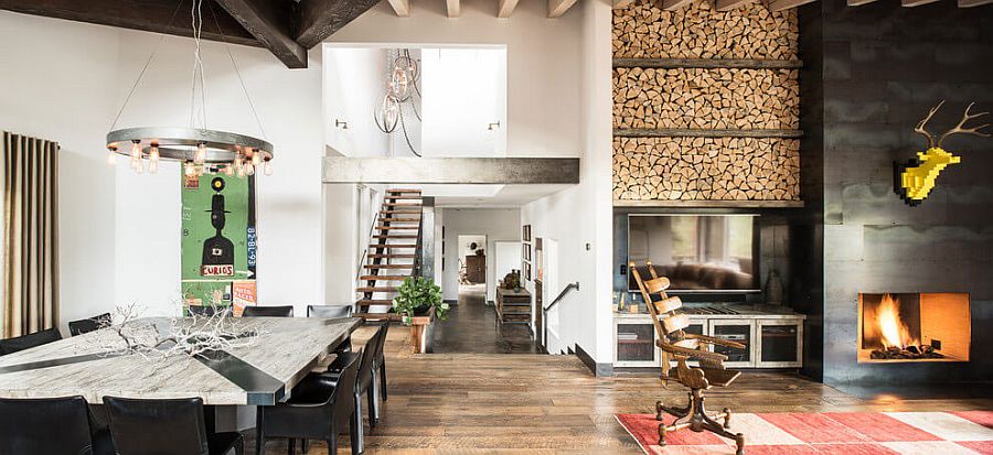 Stacked wood next to the fireplace becomes a stylish addition to the living space