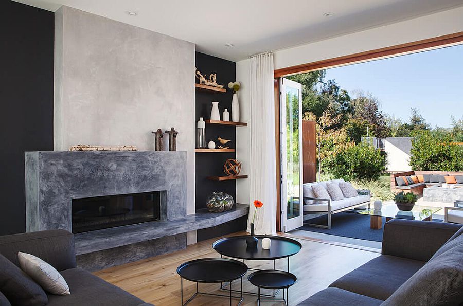 Stylish living area of the California home connected with the central courtyard outside