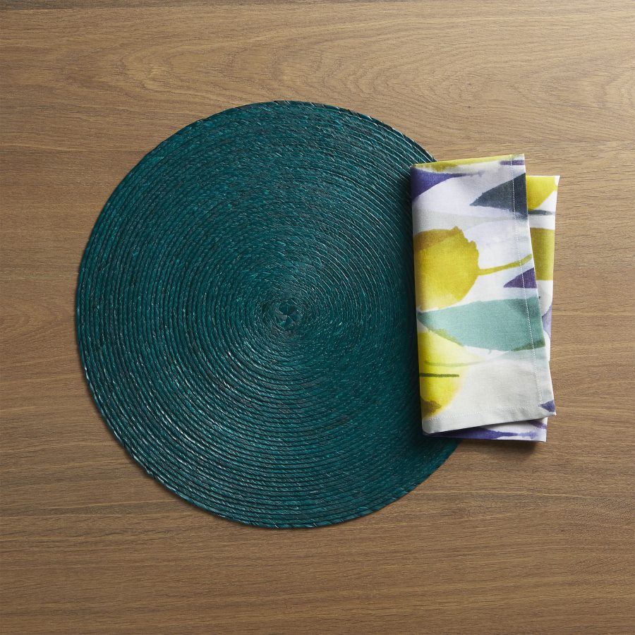 Teal placemat and linen napkin from Crate & Barrel