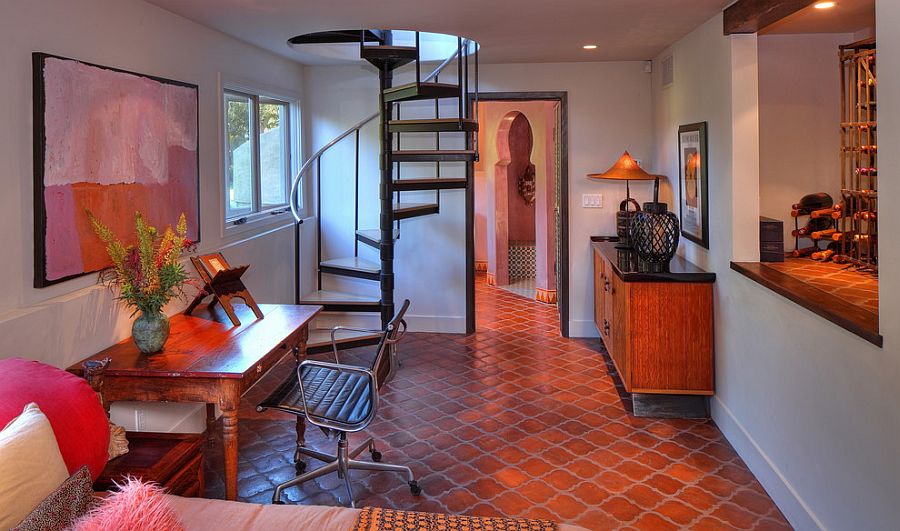 Terra-cotta tiles usher in that authentic Mediterranean look in this lower level home office [Design: Pritzkat & Johnson Architects]