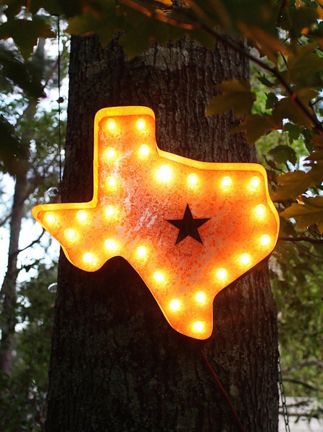 Texas marquee sign hung outside on a tree