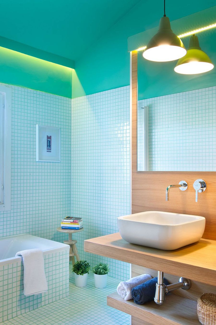 Tiles create a unique visual in the relaxing bathroom