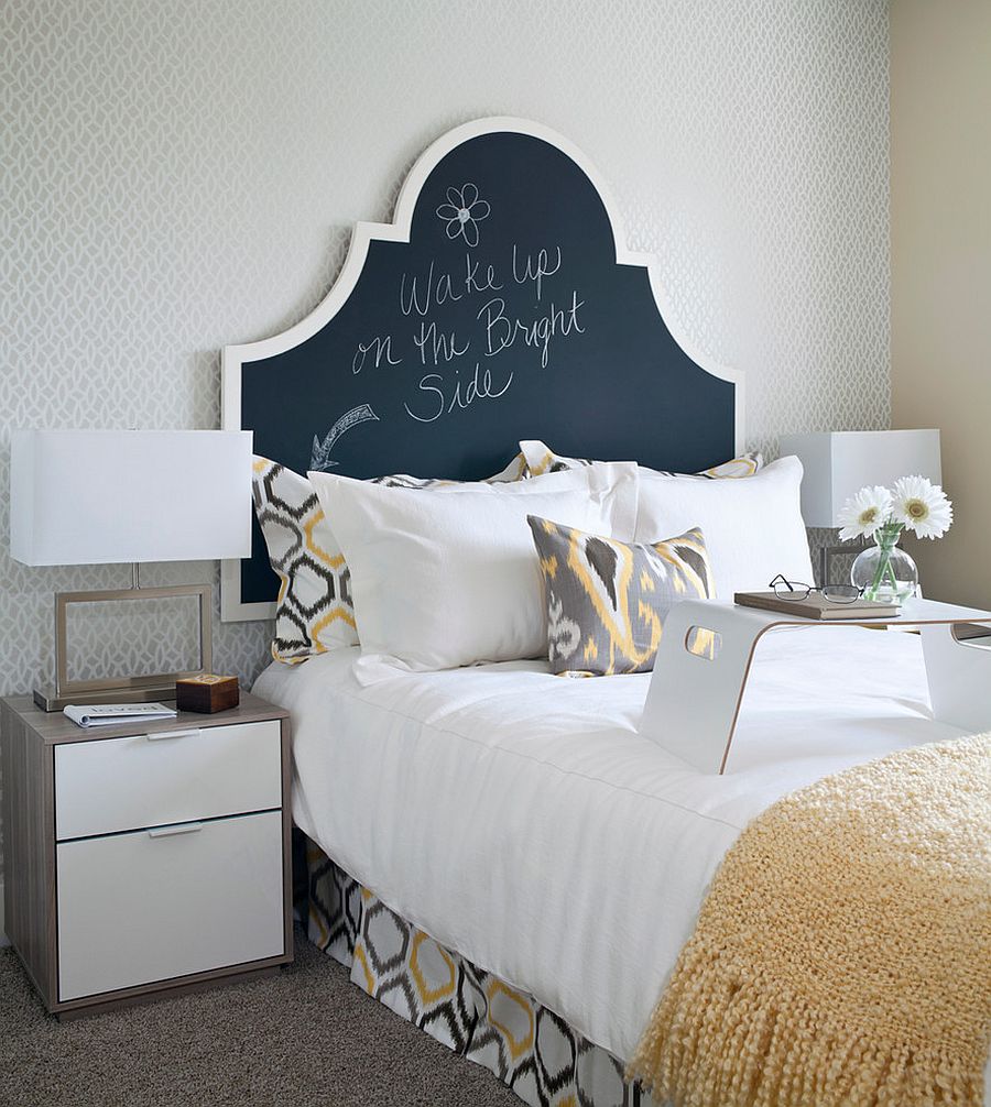 Transitional bedroom with a chalkboard paint headboard [Design: i3 design group]