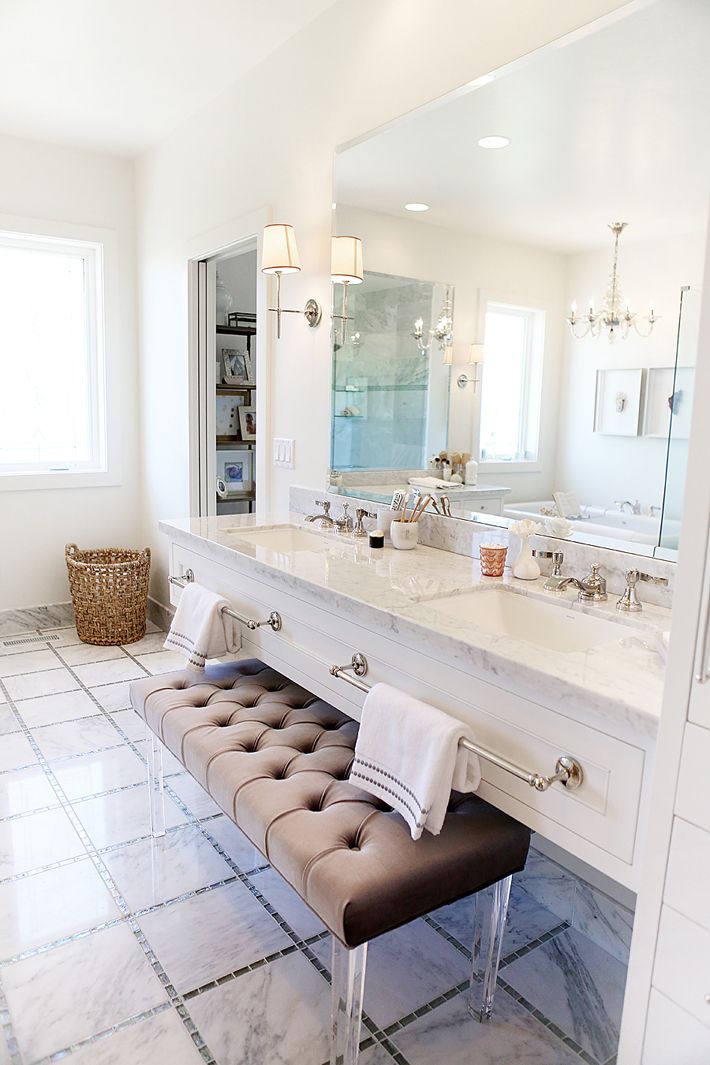 Tufted bench with lucite legs for bathroom vanity