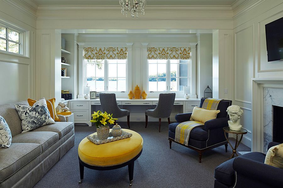 Use of lovely vases decor and throw pillows can add yellow to the home office