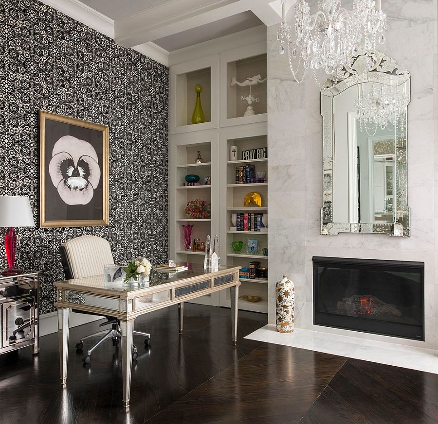 Venetian-style mirror, marble fireplace and classy chandelier for the home office [Design: CDA Interior Design]