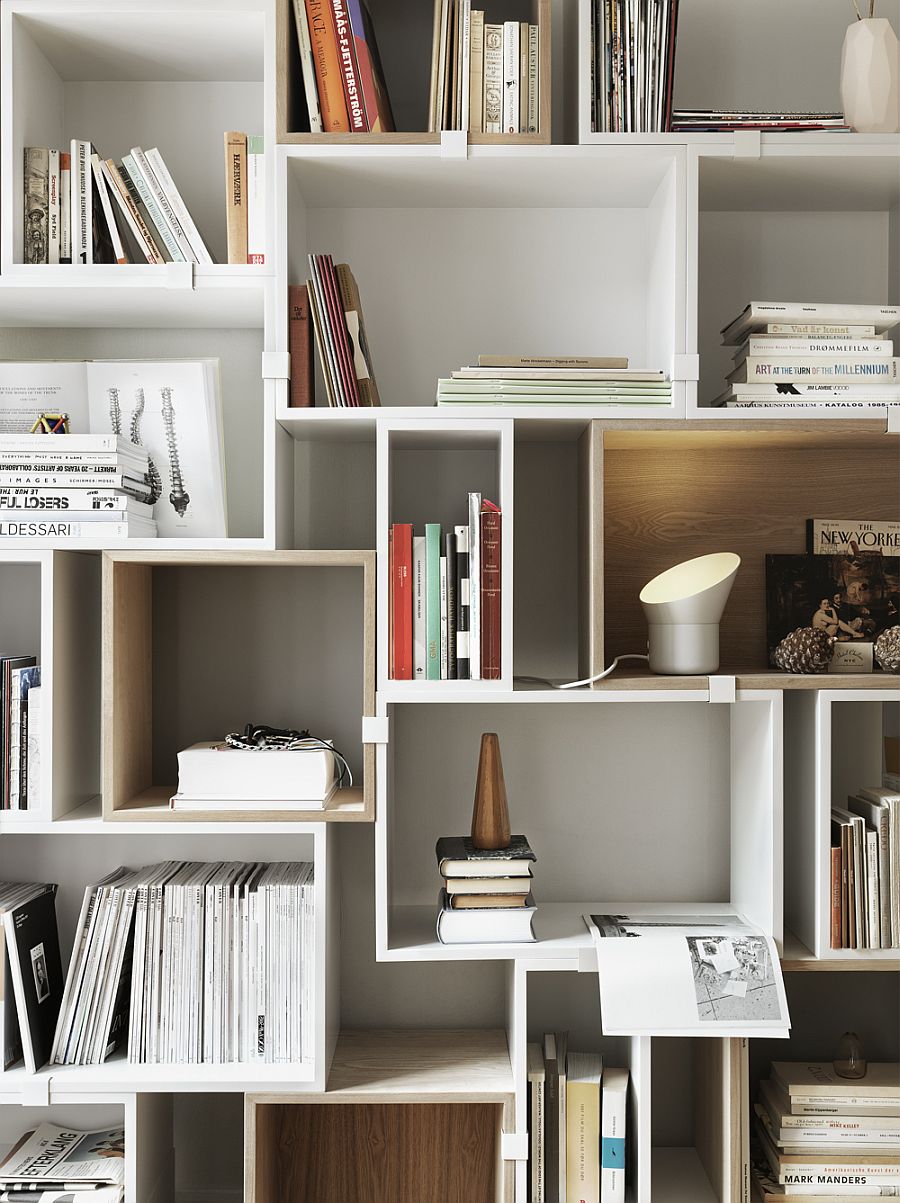 modular shelving system filled with books