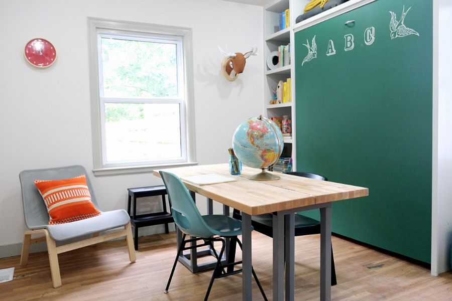 Versatile chalkboard Murphy bed turns the home study into a lovely guest bedroom