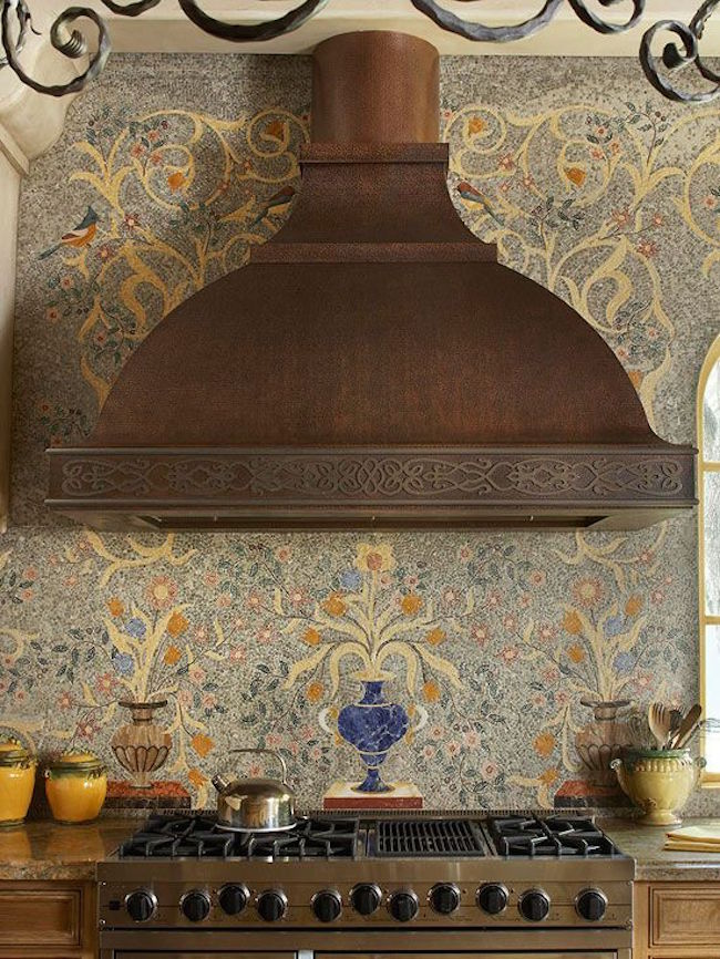 Very detailed mosaic backsplash featuring flowers and vases