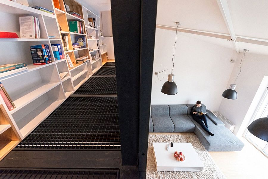 View of the lower level living area of the loft apartment from mezzanine level