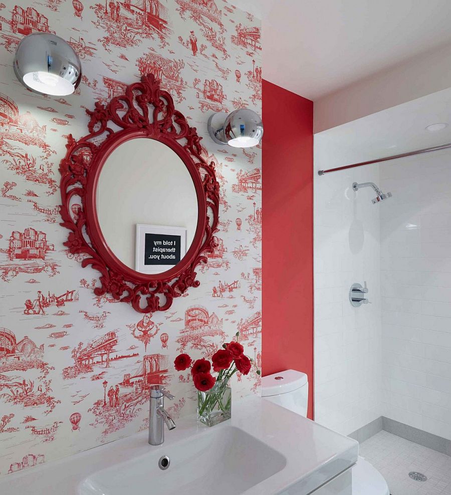 Wallpaper in red with interesting motif for the vivacious powder room