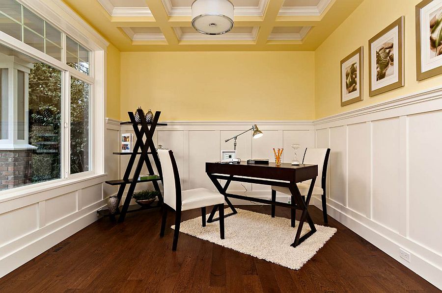 White and yellow home office with unique ceiling and modern style [Design: Positive Space Staging and Design]