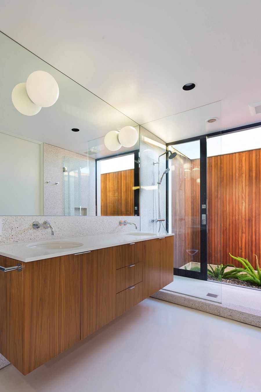 Wooden floating vanity in the bathroom