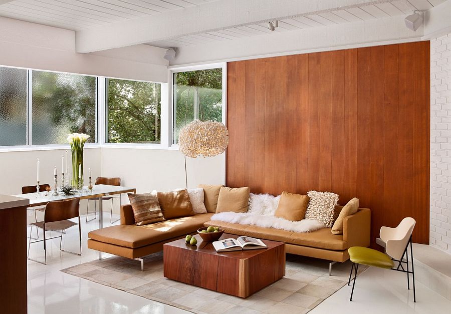 Wooden wall adds texture to midcentury living room