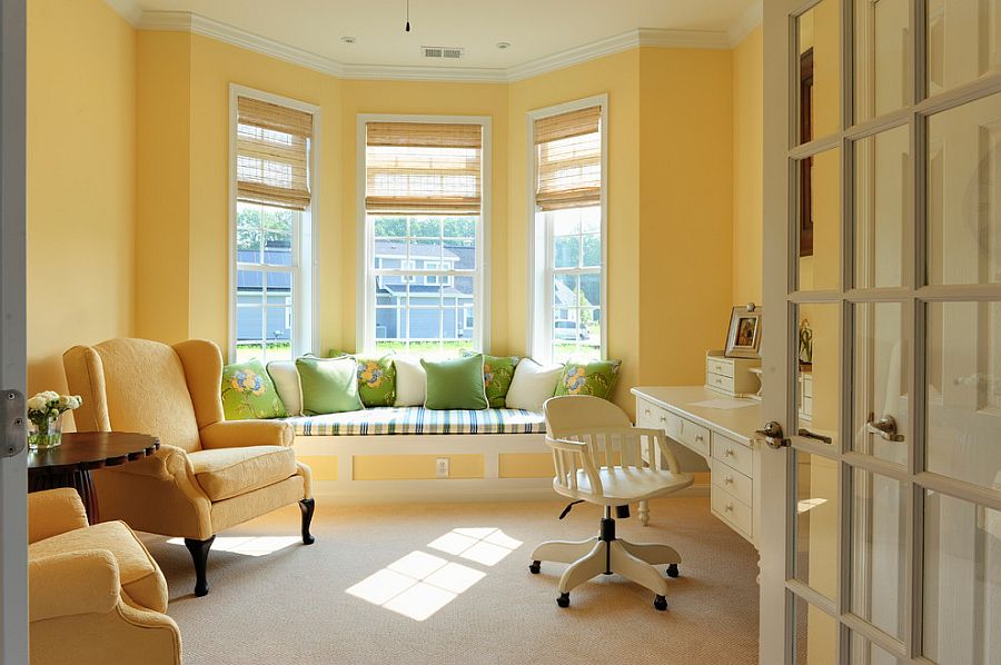 Yellow brings a warm, fuzzy glow to the relaxing home office [Design: Echelon Interiors]