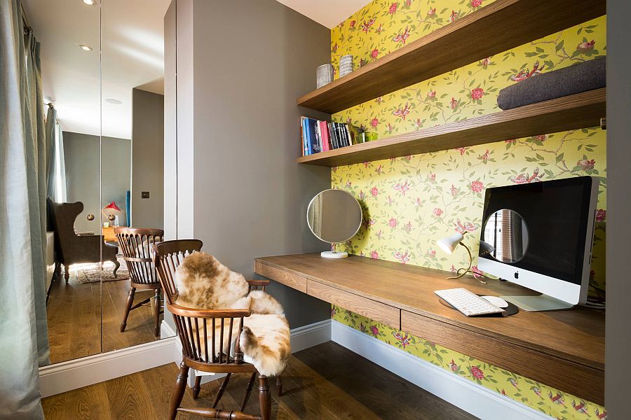 Yellow wallpaper with floral pattern for the home workspace