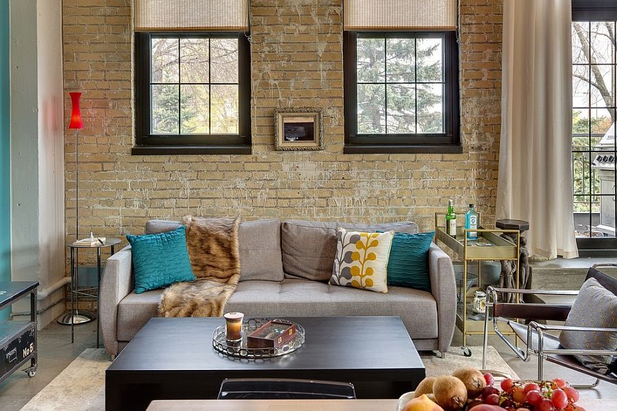 living room design with brick wall