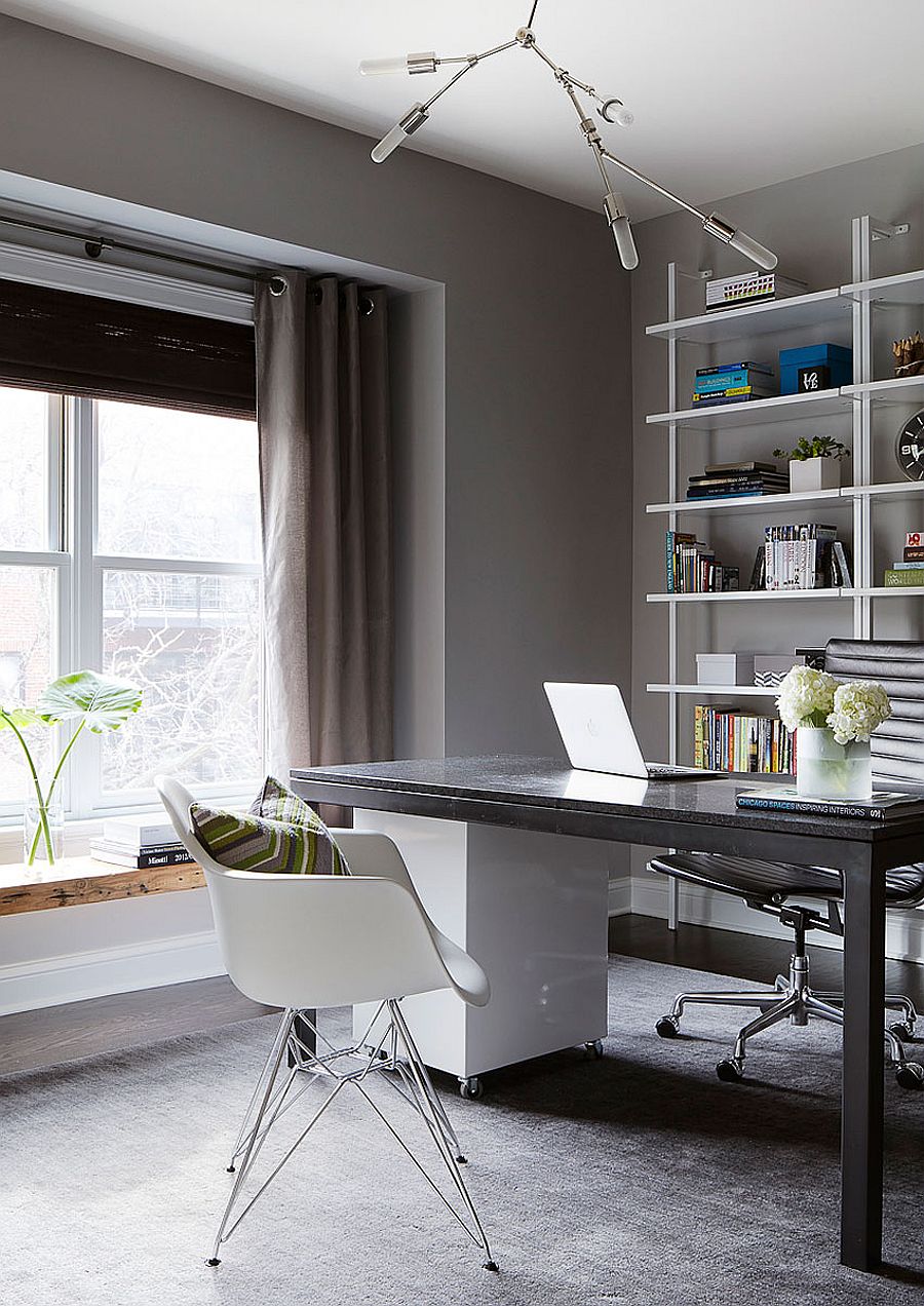 A warm, cozy home office design with neutral colors