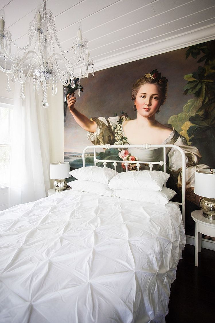 Amazing hand painted oil on canvas art piece adds color to an otherwise all-white bedroom [Design: Liquid Design & Architecture]