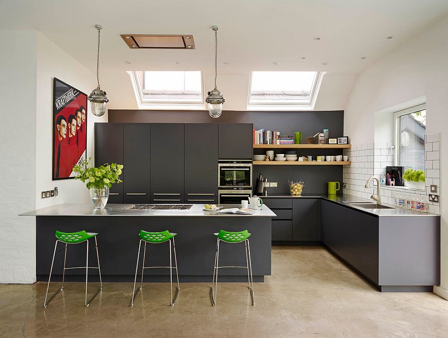 Bar stools and poster add color to the kitchen in gray [Design: Roundhouse]