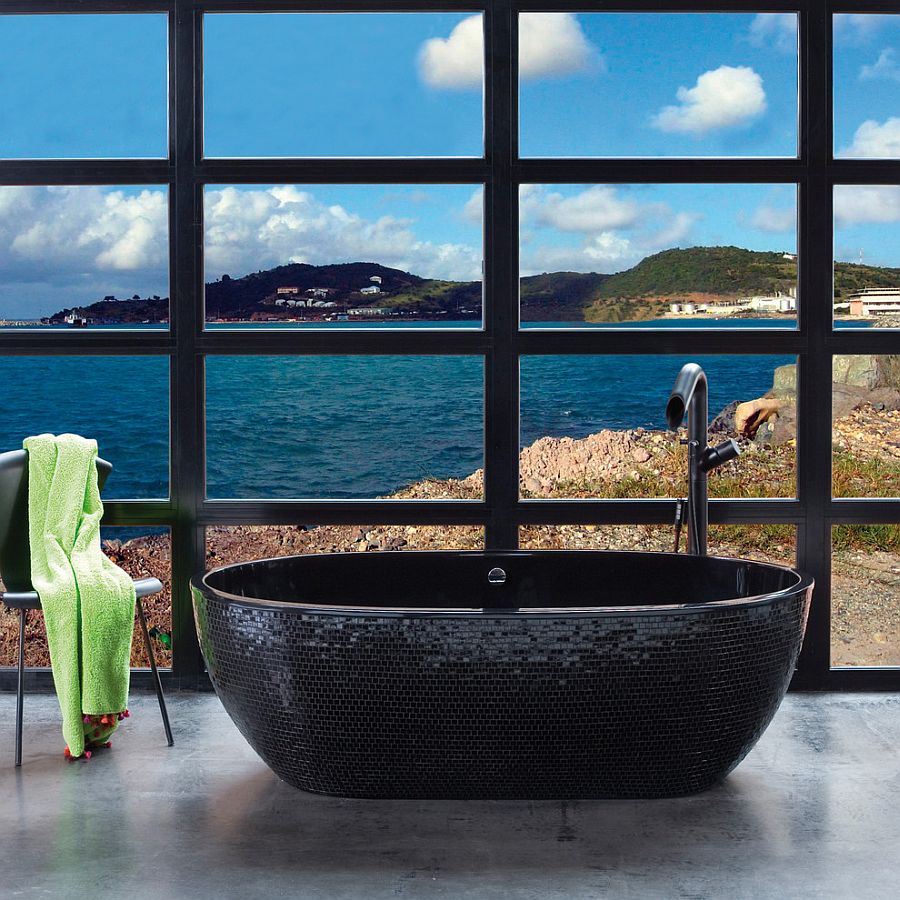 Beach style bathroom features a sizzling stone black bathtub [Design: PSCBath]