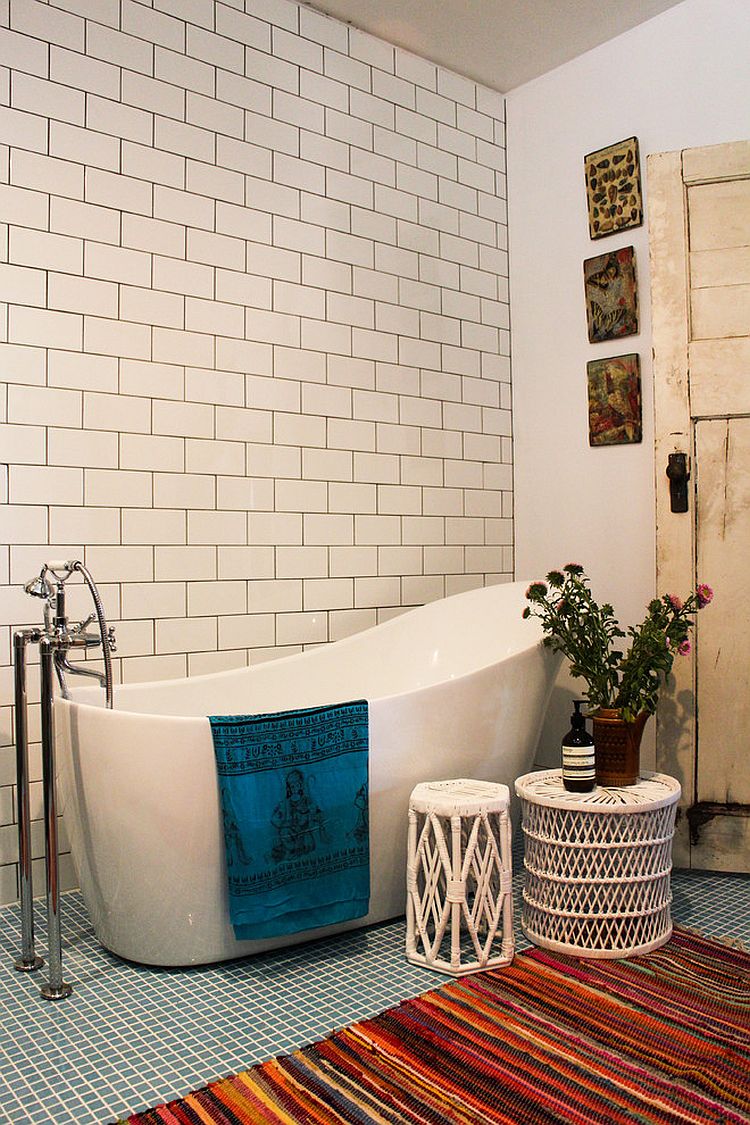 Beautiful bohemian touches bring warmth to the eclectic bathroom [Design: Alida And Miller]