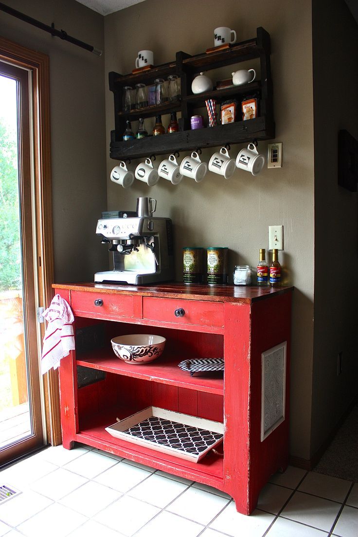 Beautiful red dresser:table used for coffee station