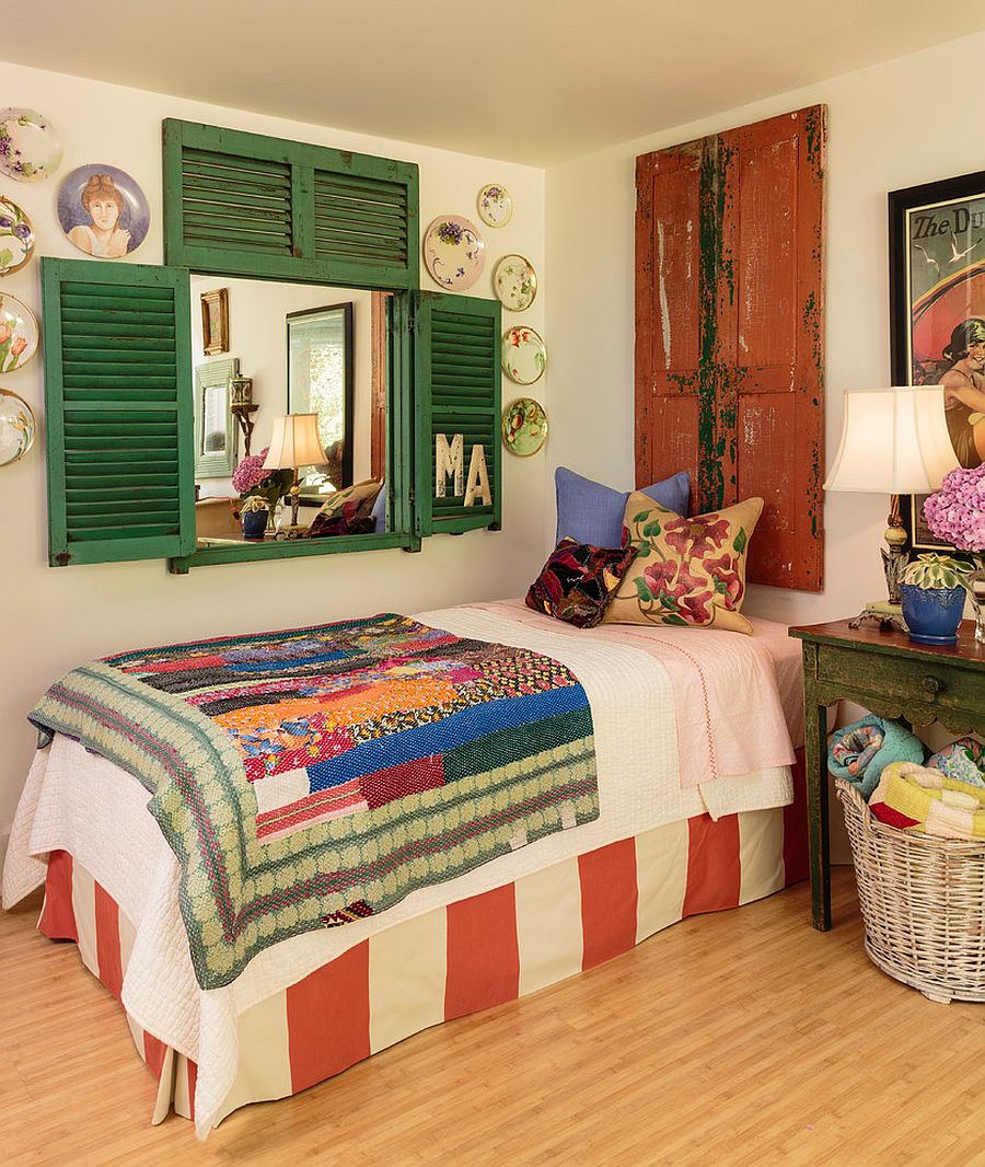 Beautiful shutters, flea market finds and pops of color for the shabby chic bedroom [Design: Mary Ann Shaklan]