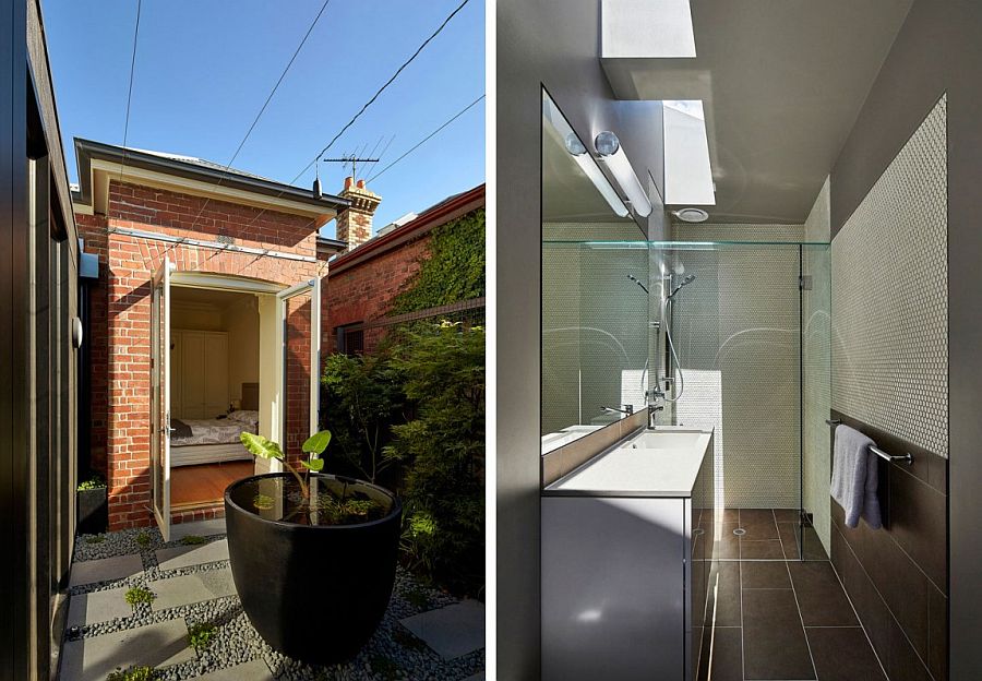 Bedroom with brick walls and contemporary bathroom