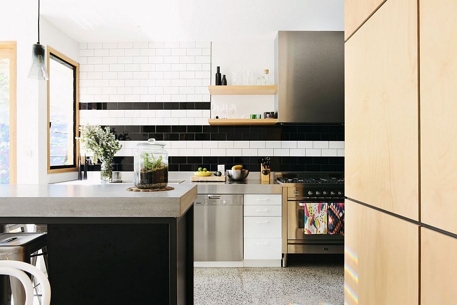 Black and white tiled backsplash for the contemporary kitchen