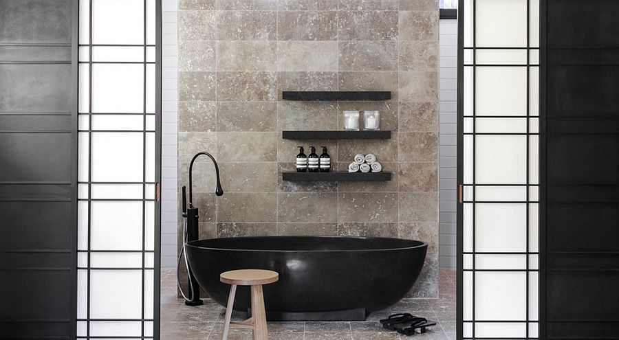 Black bathtub becomes the focal point of the contemporary bathroom [Design: D'Cruz Design Group Sydney Interior Designers]